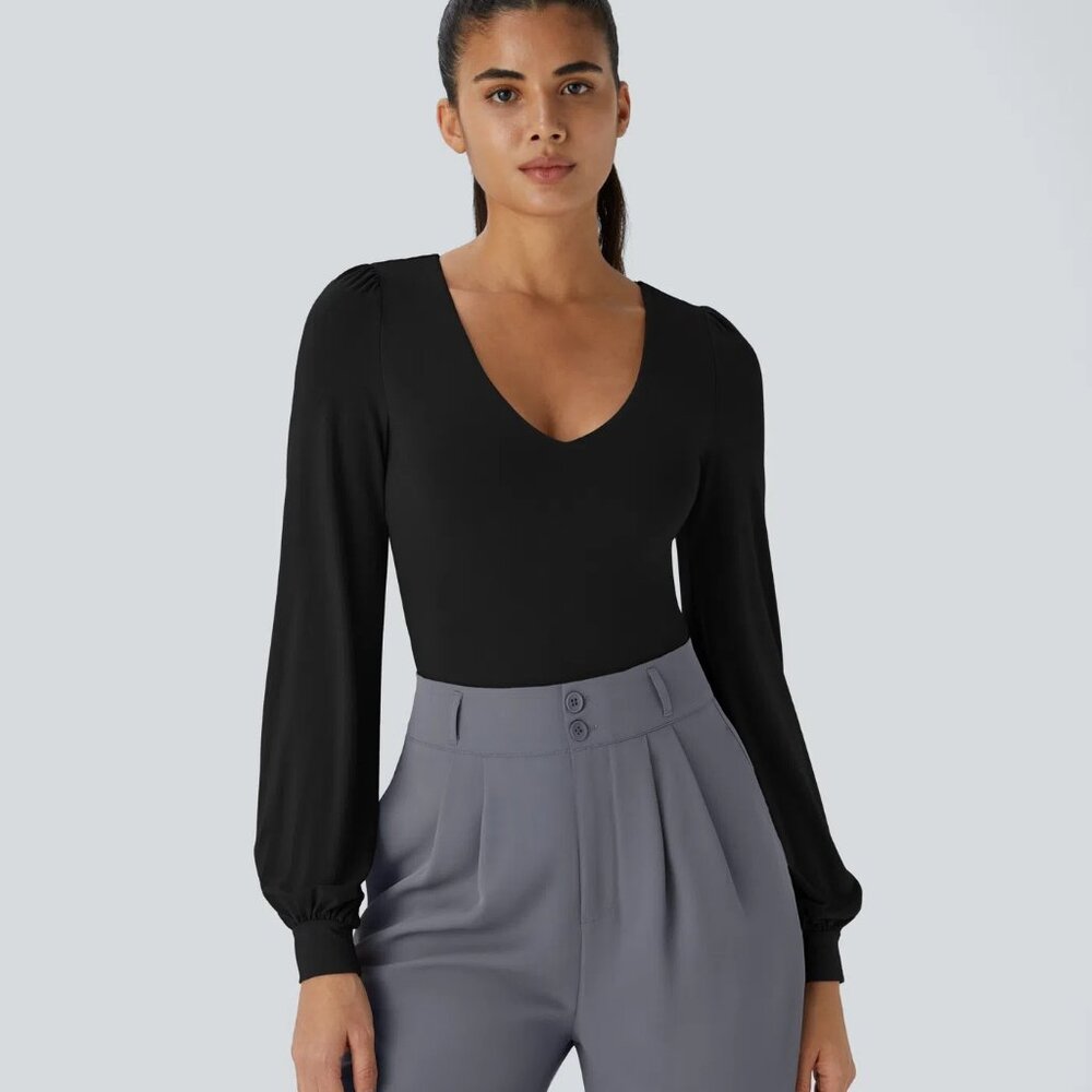 Halara V Neck Long Sleeve Button Work Bodysuit – Black 🖤 Size XL Nwot